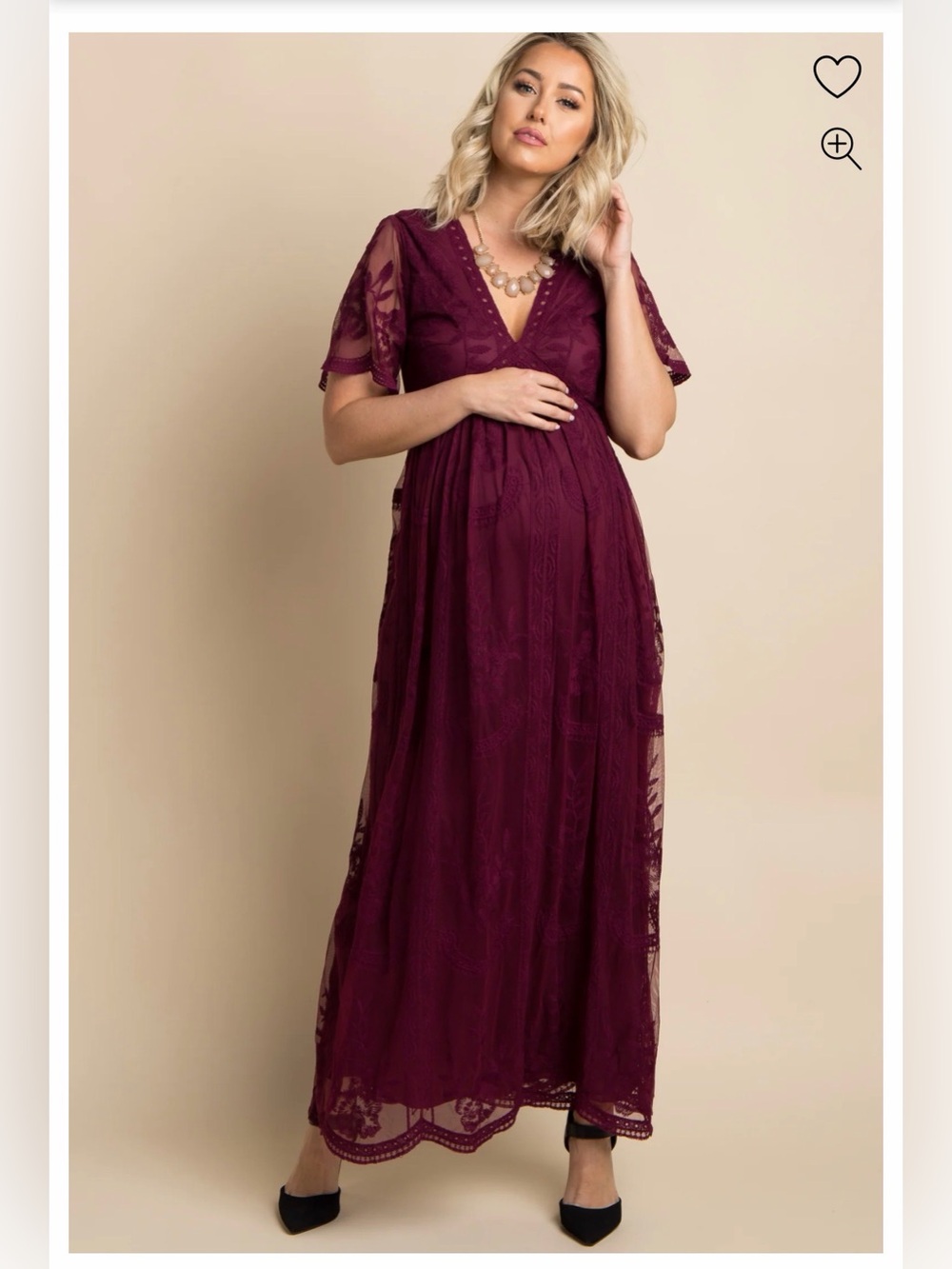 Burgundy Lace Mesh Overlay Maternity Maxi Dress S